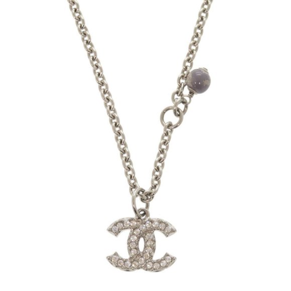 Chanel Coco Mark Metal Rhinestone Faux Pearl Silver Necklace 0470 CHANEL